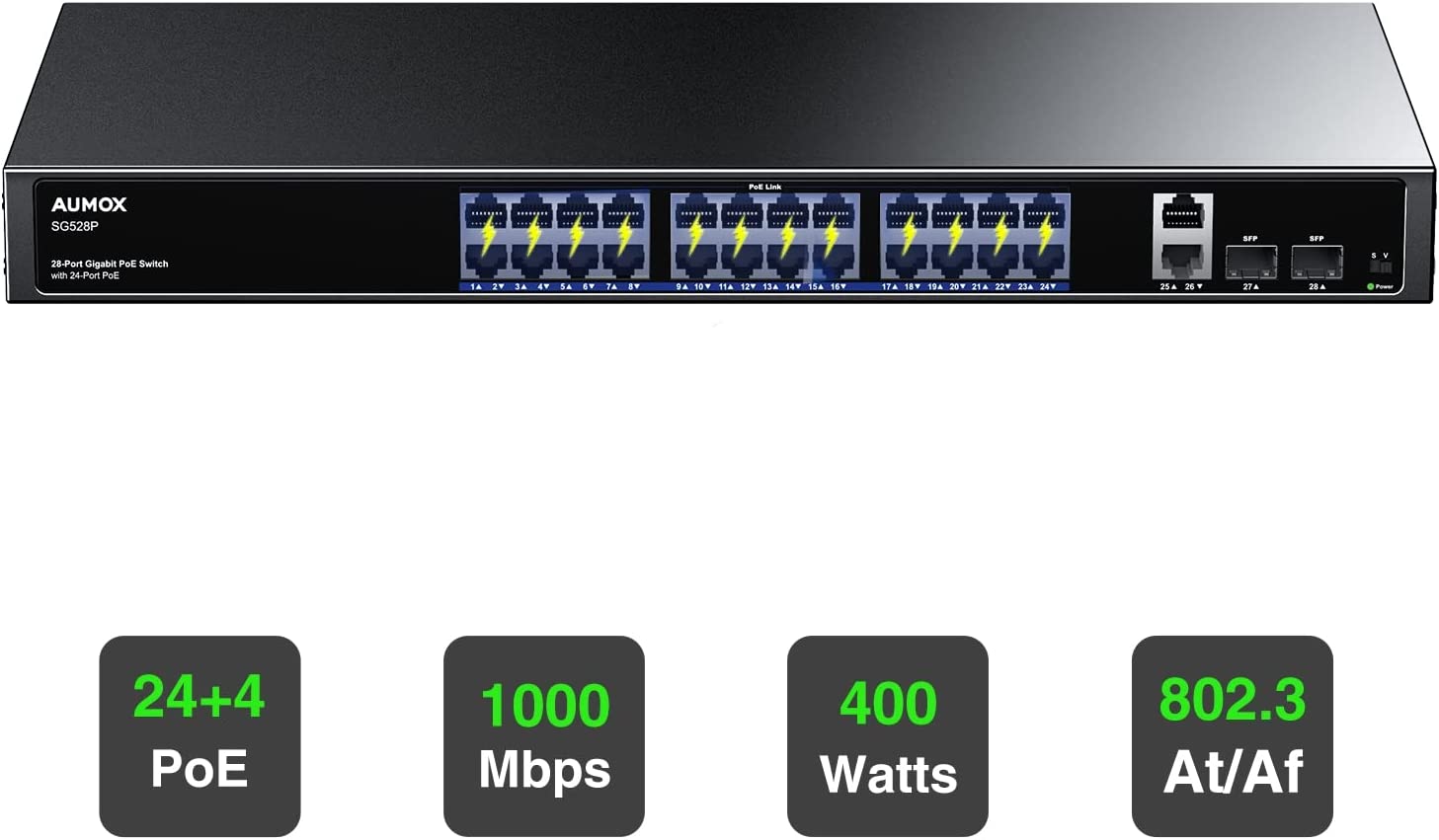 Aumox 28 Port Gigabit PoE Unmanaged 400W Comms Switch